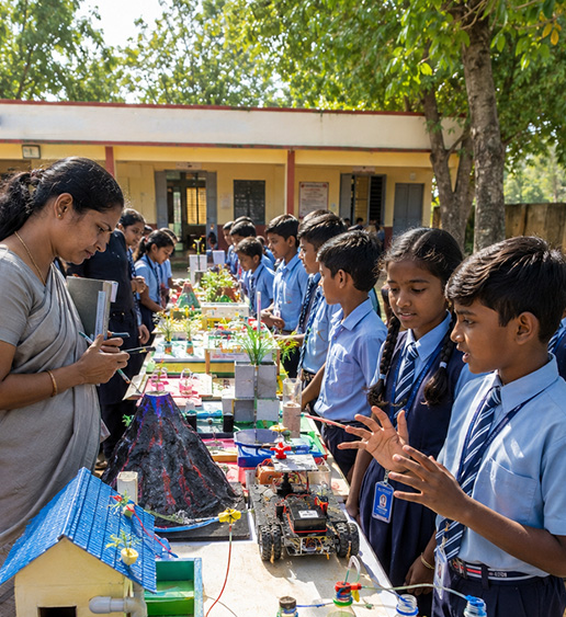 Students presenting science models to their teacher in a school courtyard