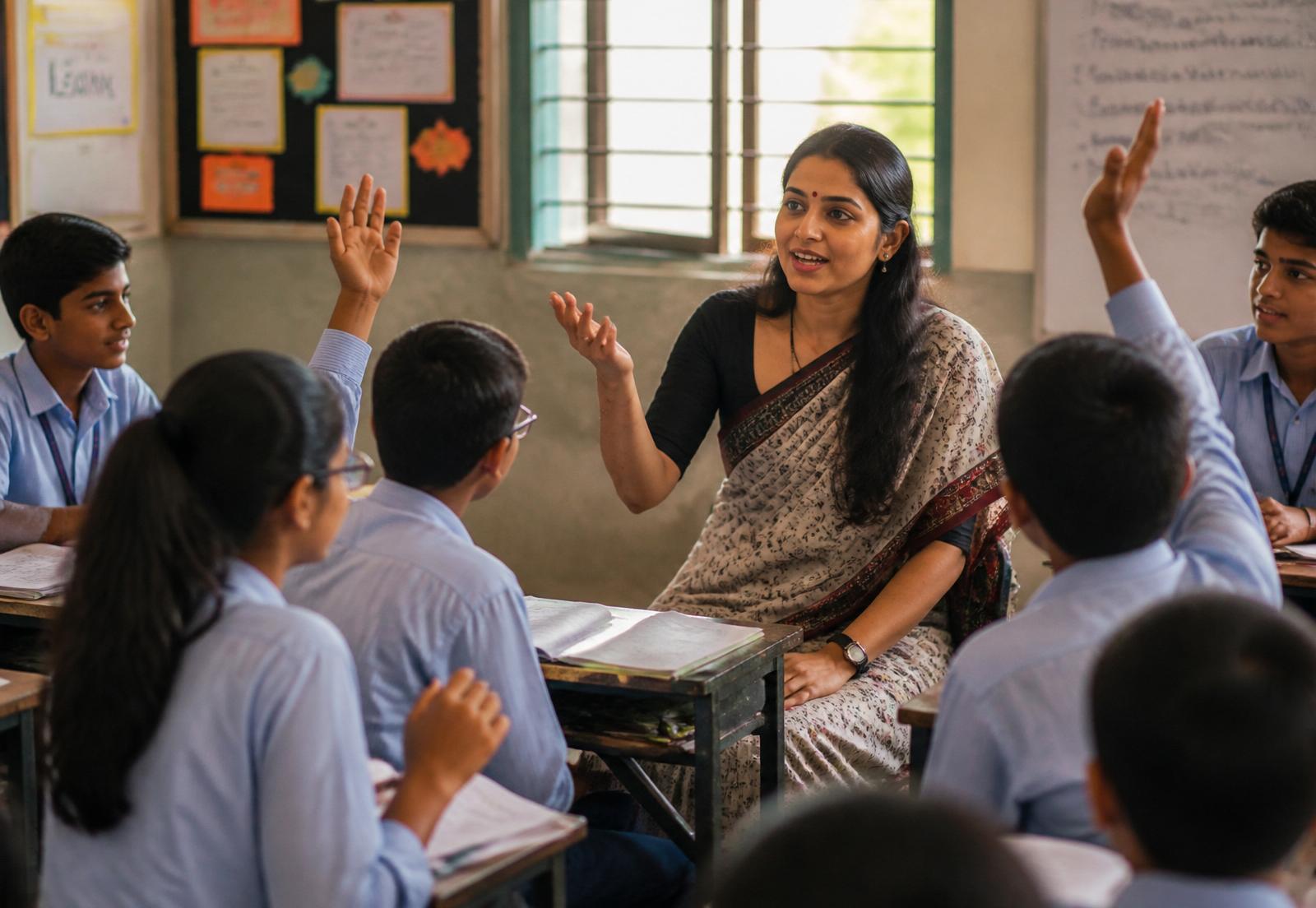 Teacher leading classroom discussion with students