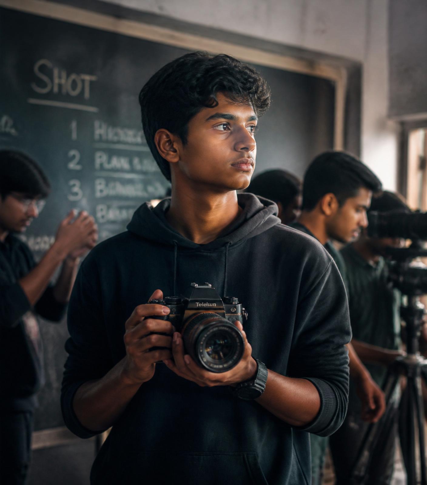 Young Indian student holding a camera on a film set